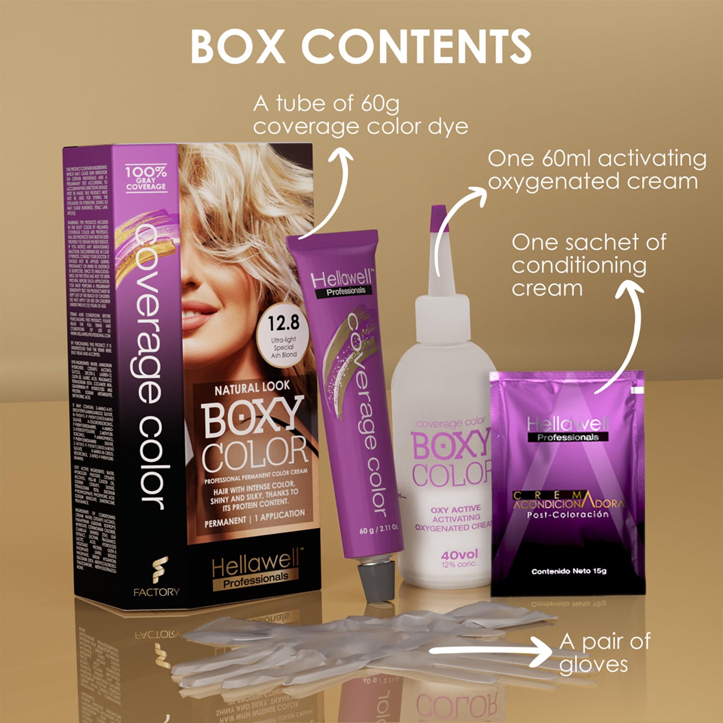 BOXY COLOR Coloring kit professional, permanent color cream hair dye with Vegetal Protein to get Hair with intense color shiny and silky. 100% Gray