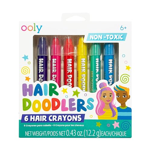OOLY Hair Doodlers Hair Crayons for Kids - Set of 6 Washable Temporary Hair Color Crayons, Quick Drying, Fragrance Free, Ages 6+