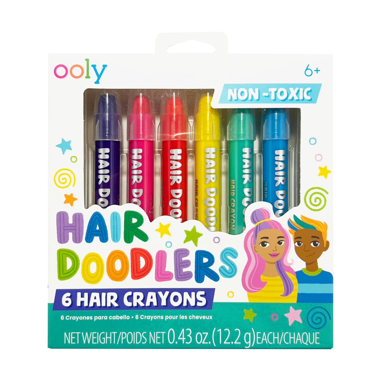 OOLY Hair Doodlers Hair Crayons for Kids - Set of 6 Washable Temporary Hair Color Crayons, Quick Drying, Fragrance Free, Ages 6+