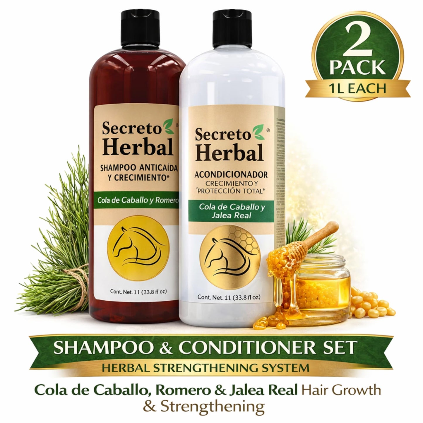 Secreto Herbal Shampoo & Conditioner Set 1L Each - Cola de Caballo, Romero & Jalea Real Hair Growth & Strengthening System, Anti-Breakage & Nourishing