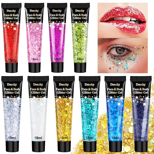10 Colors Body Glitter,Face Glitter Makeup for Kids Women,Sparkly Chunky Hair Glitter for Eye Lip Hair Nails,Mardi Gras Glitter Makeup Face