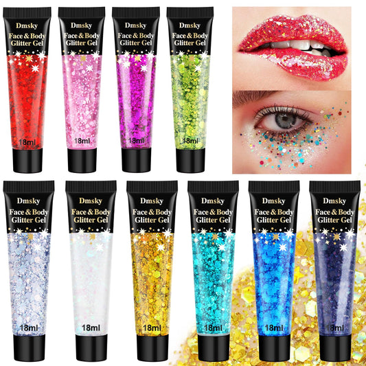 10 Colors Body Glitter,Face Glitter Makeup for Kids Women,Sparkly Chunky Hair Glitter for Eye Lip Hair Nails,Mardi Gras Glitter Makeup Face