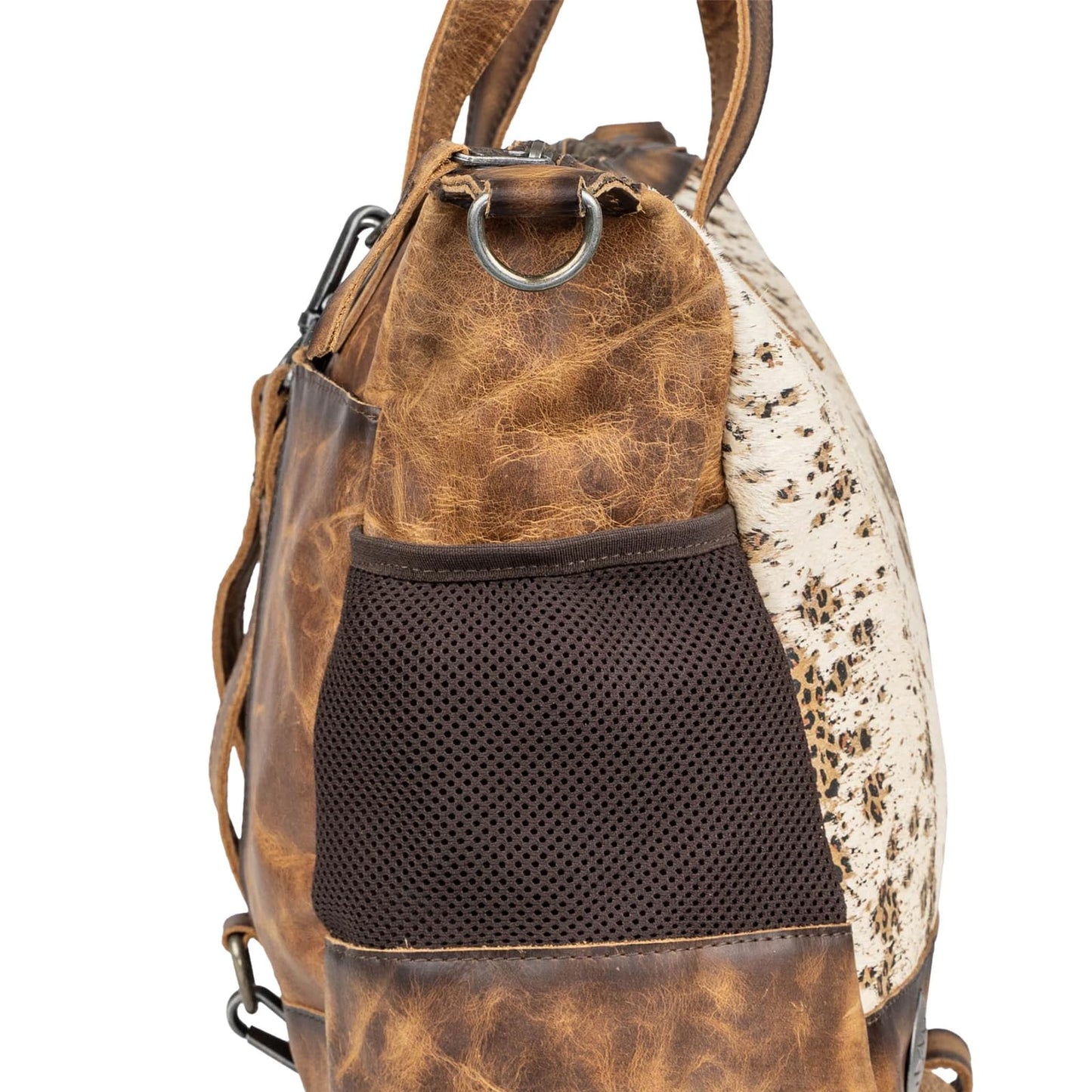 STS Ranchwear Serengeti Amelia Durable Secure Versatile Leather Multi-Bag with Baby, Cream Cowhide/Leopard Print/Brown