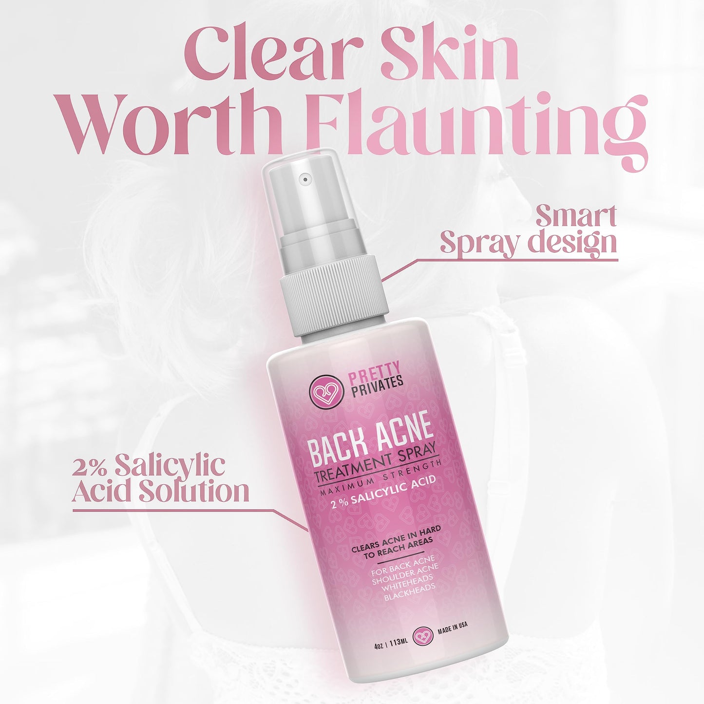Pretty Privates Premium Back Acne Spray - Body, Butt and Back Acne Treatment Spray - with 2% Salicylic Acid - Bacne Scar and Spot Clearing Solution