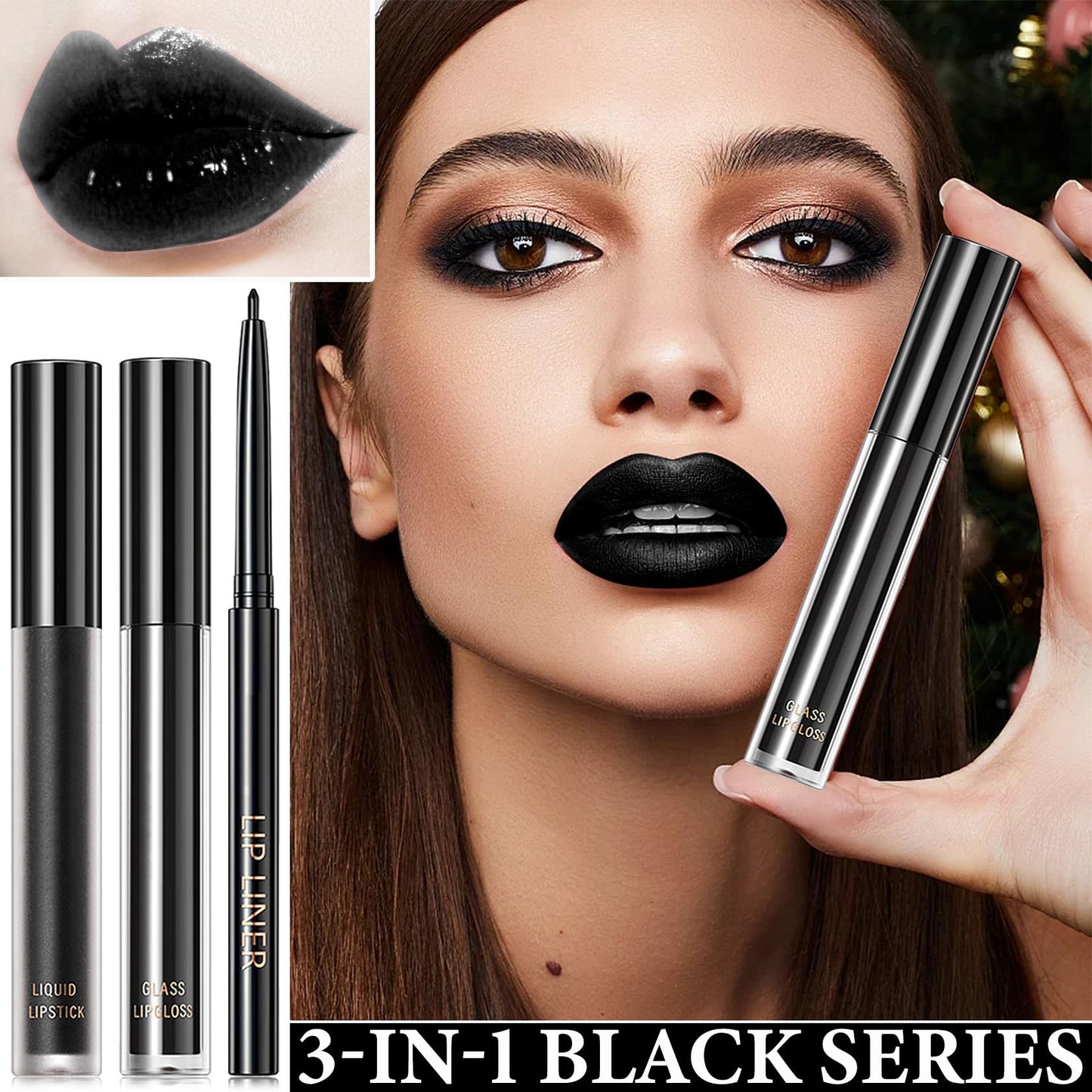 3 PCS Black Matte Liquid Lipstick and Lipliner Set,High Pigmented Matte Lipstick Lipgloss Black Lip Liner Set Long Lasting Waterproof Velvet Liquid