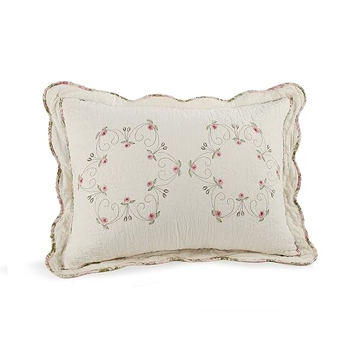 Modern Heirloom Felisa Floral Embroidered Quilted Single Pillow Sham, Lightweight All Seasons Bedding, King Sham, Pink/Ivory