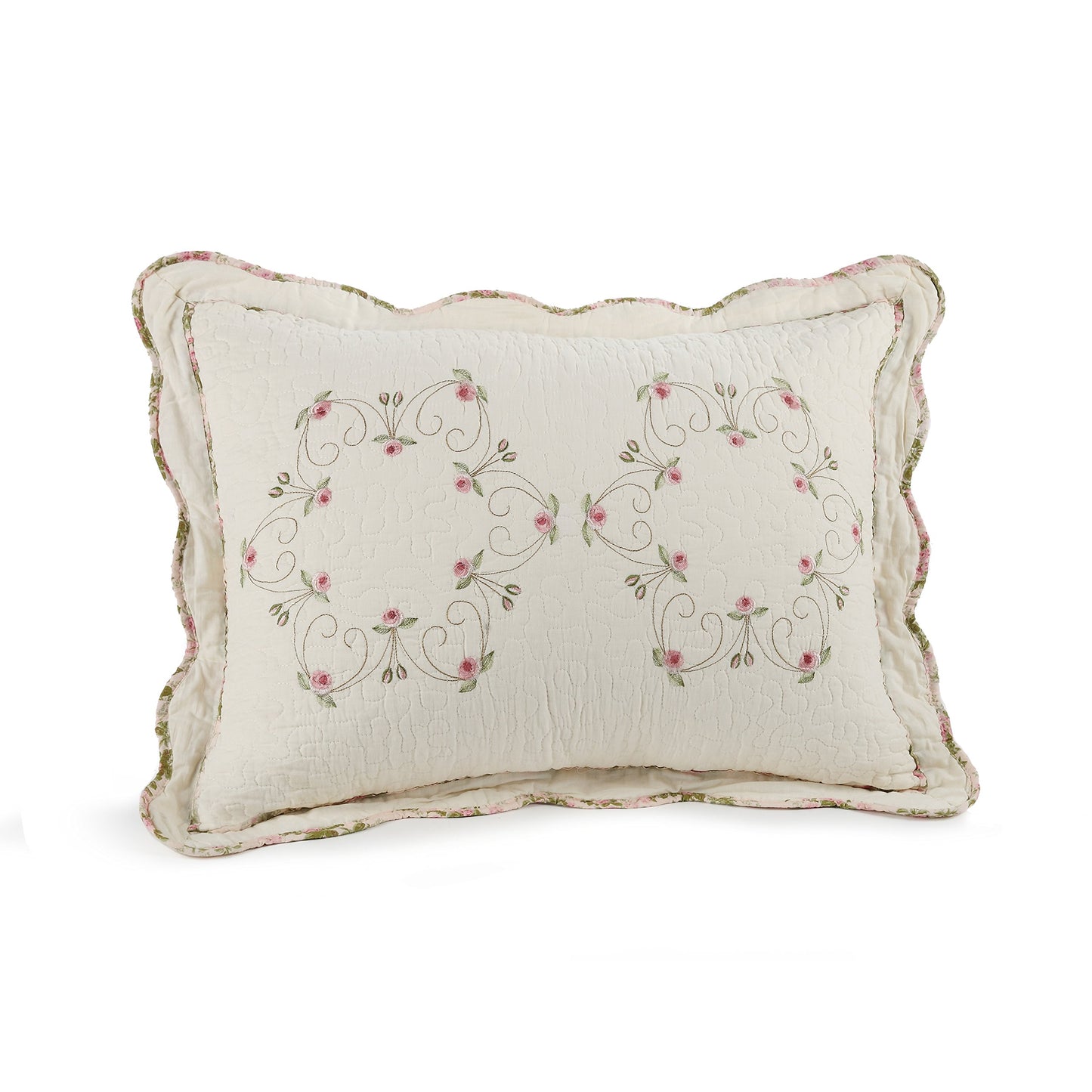 Modern Heirloom Felisa Floral Embroidered Quilted Single Pillow Sham, Lightweight All Seasons Bedding, King Sham, Pink/Ivory