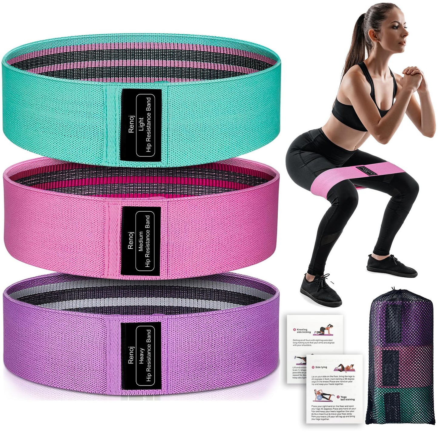 Renoj Resistance Bands, Yoga Starter Sets for Women and Men, 3 Set of Stretch Exercise Workout Bands for Booty Legs, Elastic Pilates Flexbands