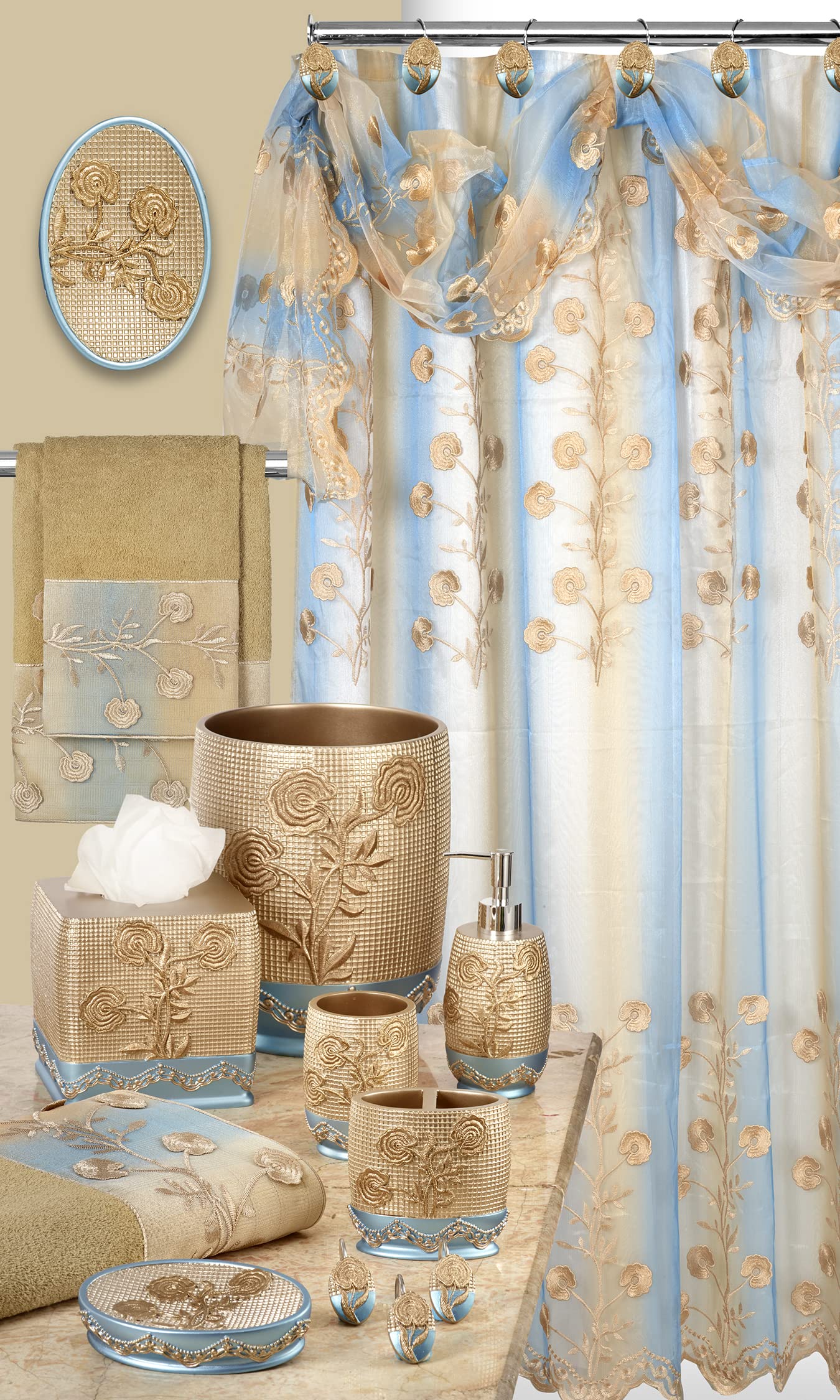 Popular Bath 961669 Ombre Rose, Shower Curtain Sheer LACE, Blue