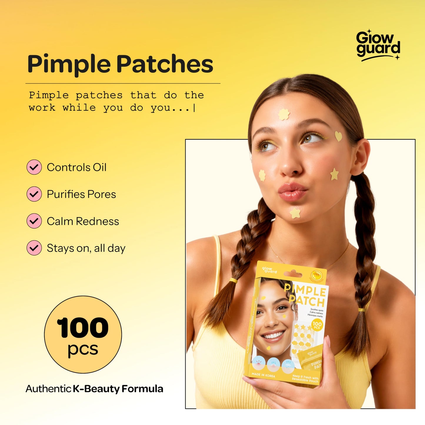 Glow Guard Pimple Patches with Hydrocolloid & Niacinamide - Dermatologist Tested, Anti Aging, Korean Skin Care - Yellow Shields Spots, Absorbs Oil