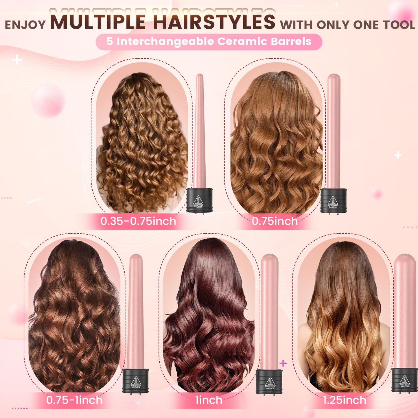 5 in 1 Curling Iron Wand Set, Hair Curling Iron Interchangeable Ceramic Barrels (0.35 to 1.25 Inch), Barrel Heat Protective Glove 2 Clips, Dual