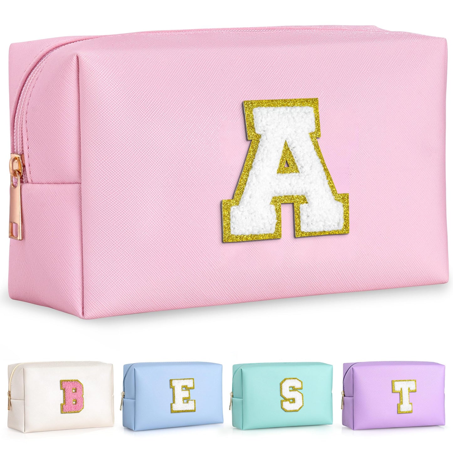 TOPEAST Initial Makeup Bag – Personalized Preppy Cosmetic Pouch, Leather Toiletry Bag, Birthday Gifts for 4–12 Year Old Girls (Pink A)