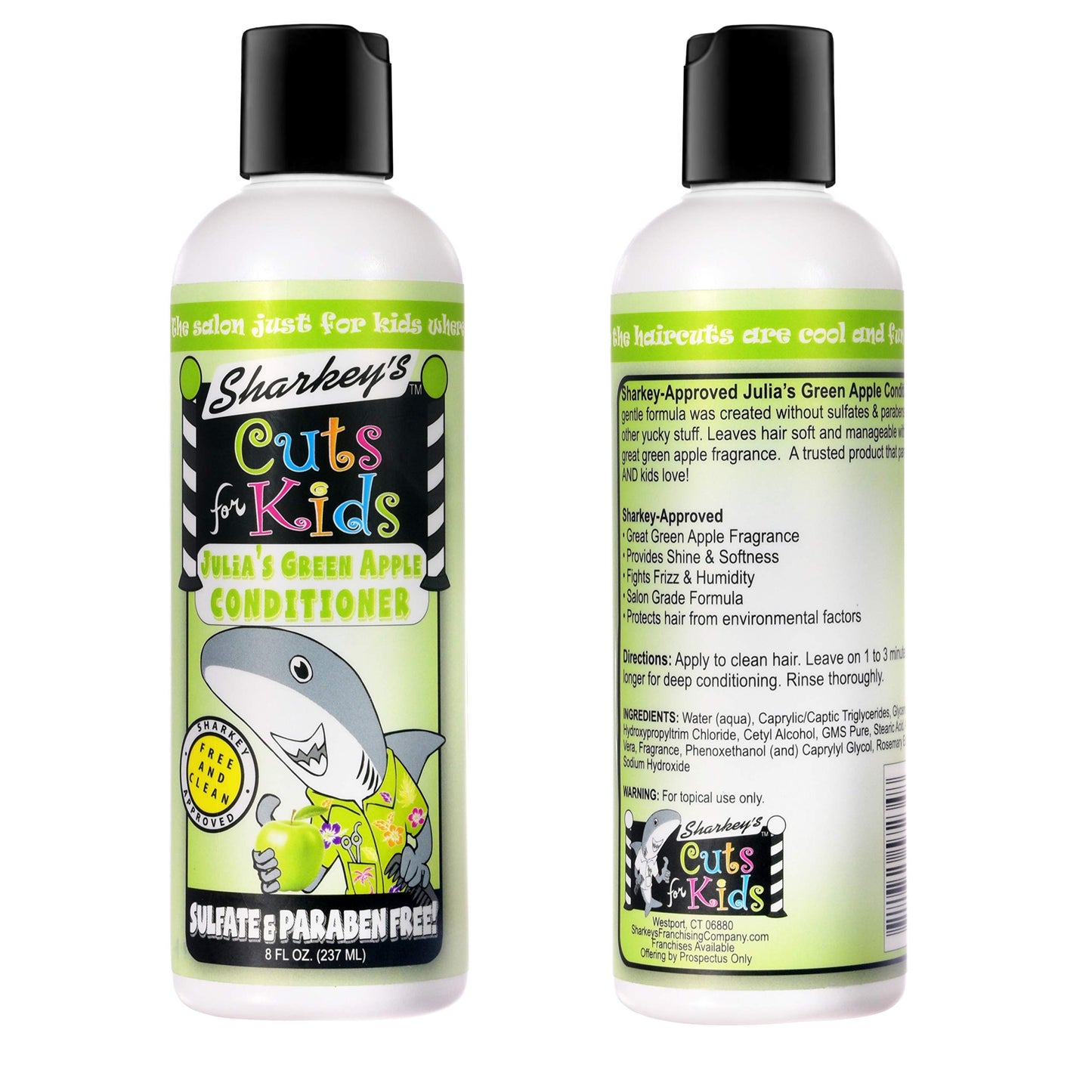 Sharkey's Green Apple Scented Kids Shampoo and Conditioner with Baby Shark Plush Backpack Clip or Lunchbox Clip - Sulfate Free and Paraben Free!
