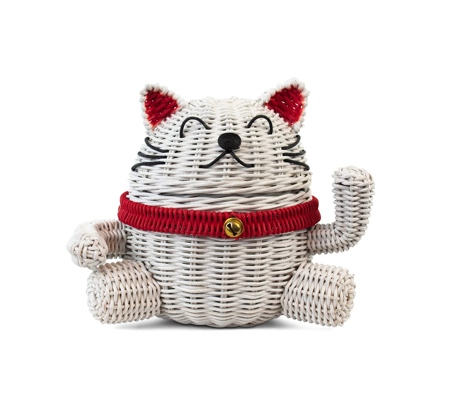 G6 Collection Lucky Cat Rattan Storage Basket With Lid Decorative Bin Home Decor Hand Woven Shelf Organizer Cute Handmade Handcrafted Nursery Gift…