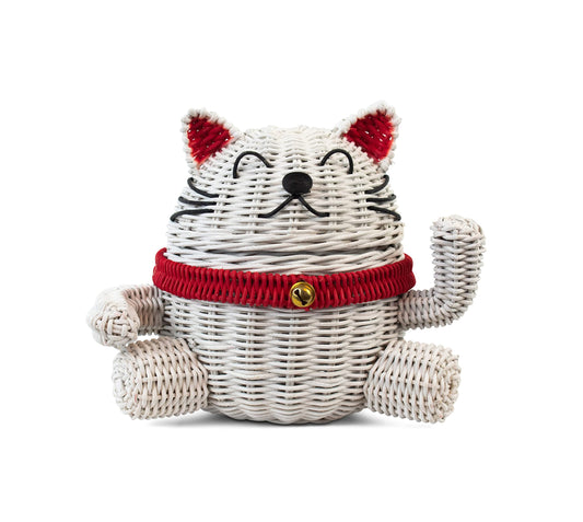 G6 Collection Lucky Cat Rattan Storage Basket With Lid Decorative Bin Home Decor Hand Woven Shelf Organizer Cute Handmade Handcrafted Nursery Gift…