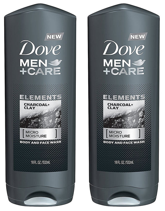 Dove Men + Care Body And Face Wash - Elements - Charcoal + Clay - Net Wt. 18 FL OZ (532 mL) Per Bottle - Pack of 2 Bottles