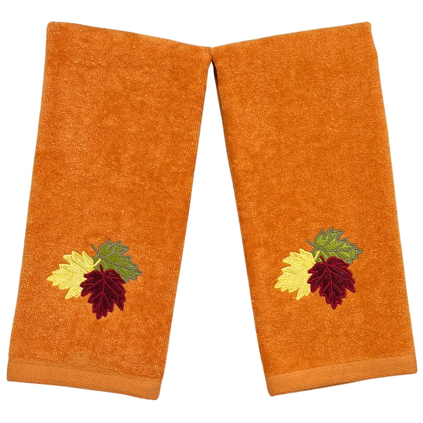 Serafina Home Decor Farmhouse Fall Hand Towels: Terracotta Rust Cotton Towels with Autumn Leaves of Burgundy Green and Yellow Hand Towel, 2 Piece Set