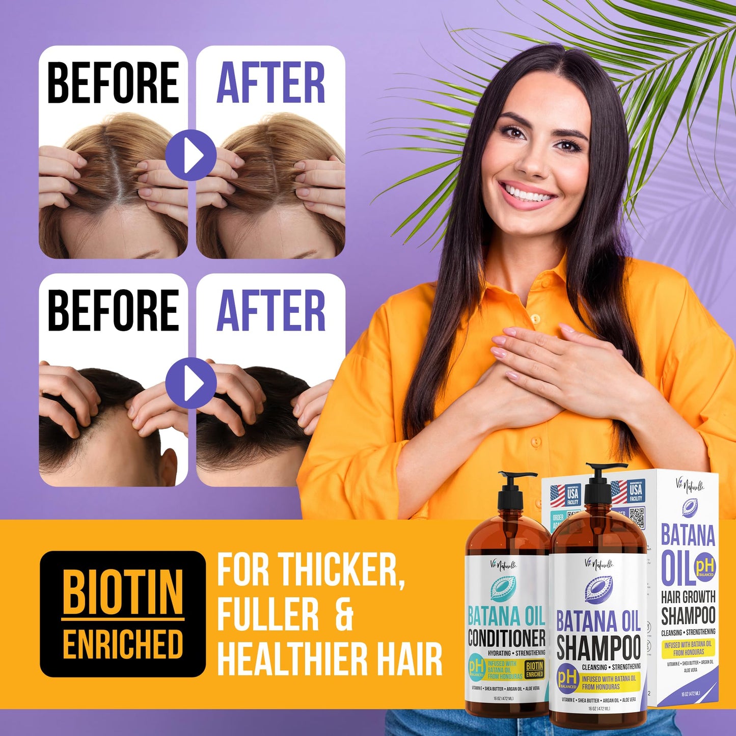 Vie Naturelle Hair Growth Shampoo and Conditioner Set - Batana Oil for Thinning Hair Men Women - 16 oz Each