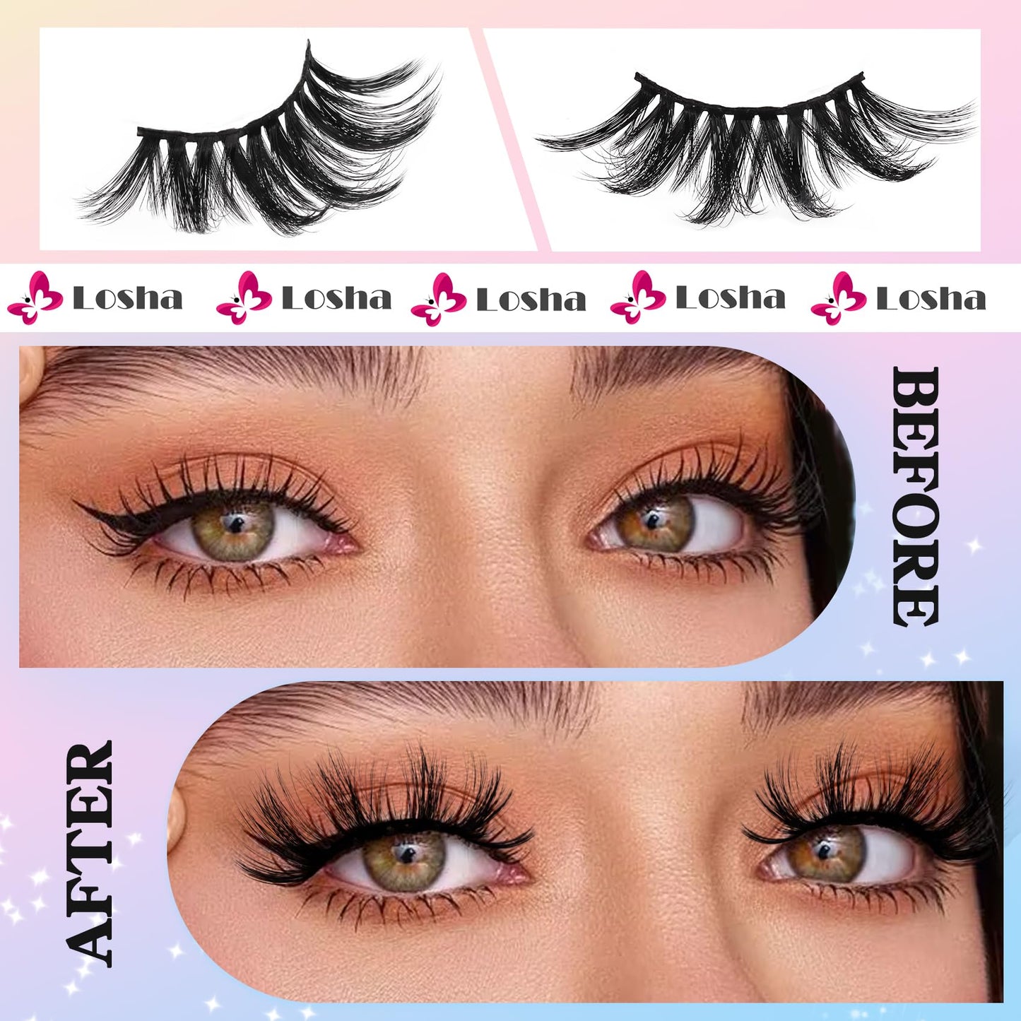 Losha 25mm Lashes 3D Faux Mink Lashes Fluffy Volume Eyelashes Thick Crossed Luxurious Soft Wispy Lashes Pack 4 Pairs Dramatic Eye Makeup (45A)