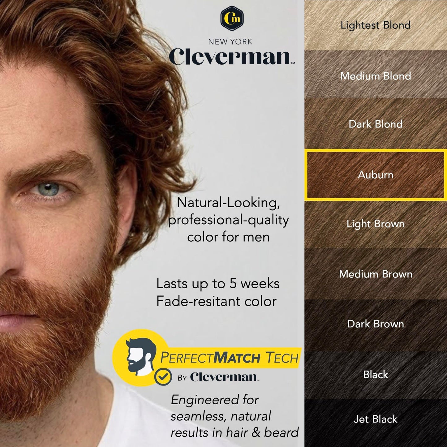 Reusable Hair & Beard Dye for Men - Auburn 7.04 | Up to 5 Uses, 7 Minutes | Natural Gray Coverage, No-Drip Cream with SkinArmour® - Cleverman