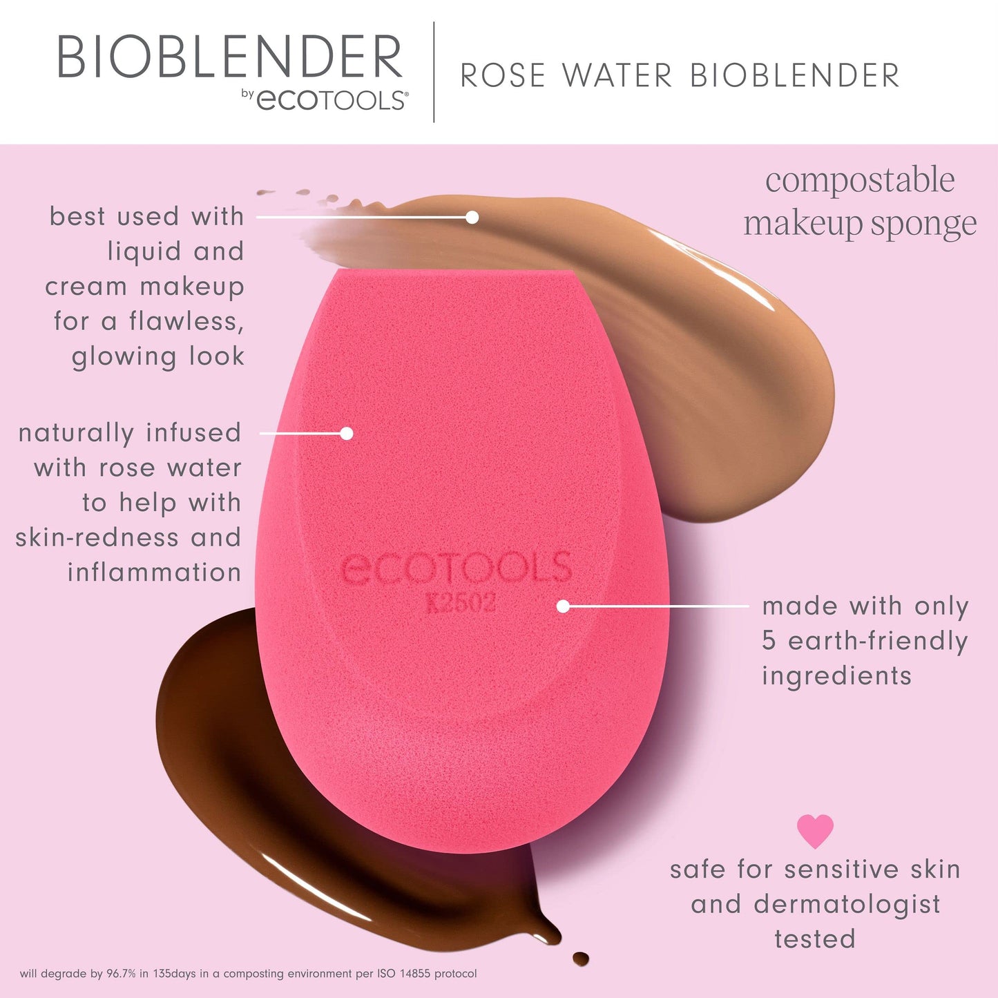 EcoTools Rose Water Bioblender, Compostable Makeup Blending Sponge, For Liquid & Cream Foundation, Base Coverage, Anti-inflammatory Ingredients, Pink
