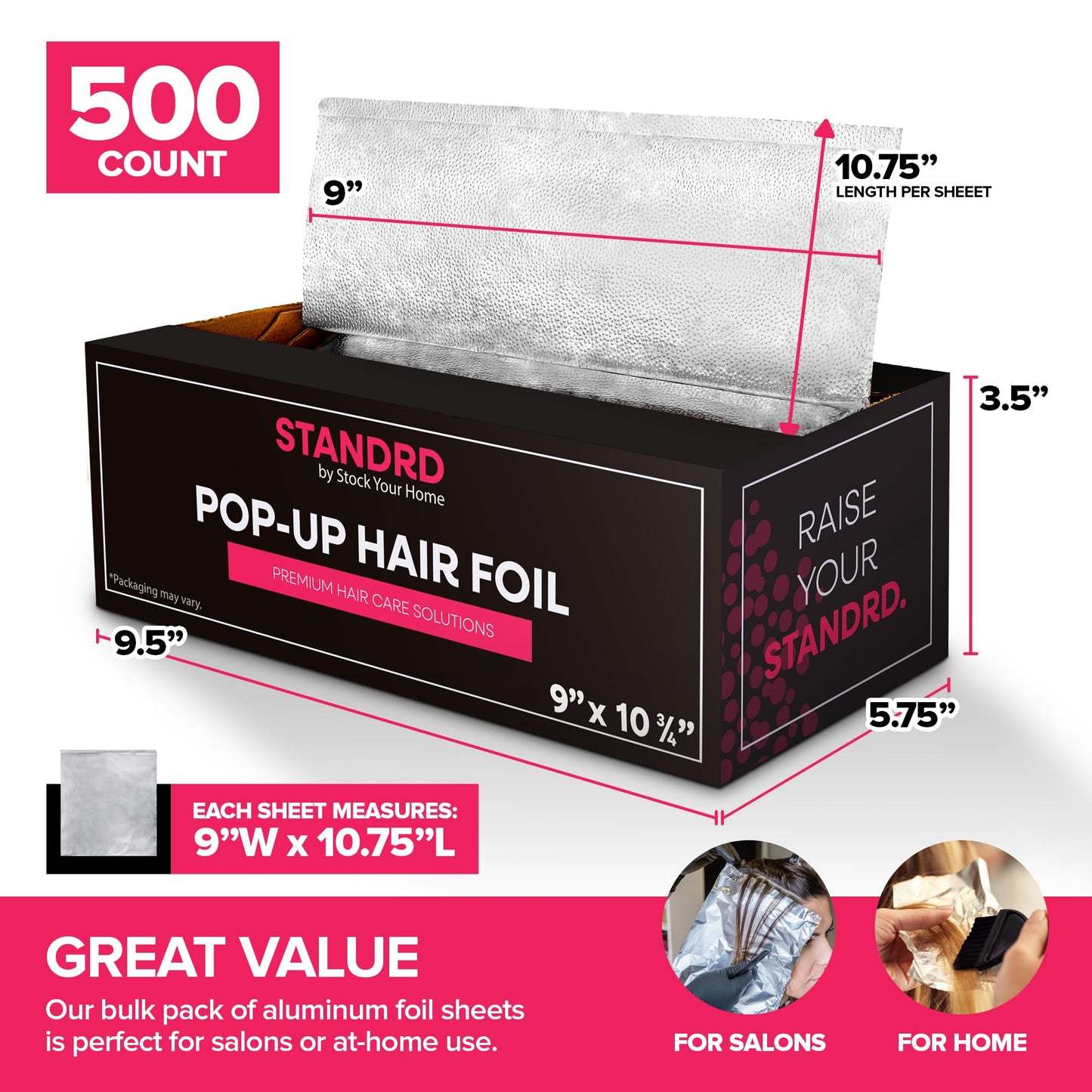 Stock Your Home 500 Count Aluminum Foil for Hair Highlighting, 9” Pop Up Foil Sheets for Salon or Home Use, Embossed Disposable Hair Foils