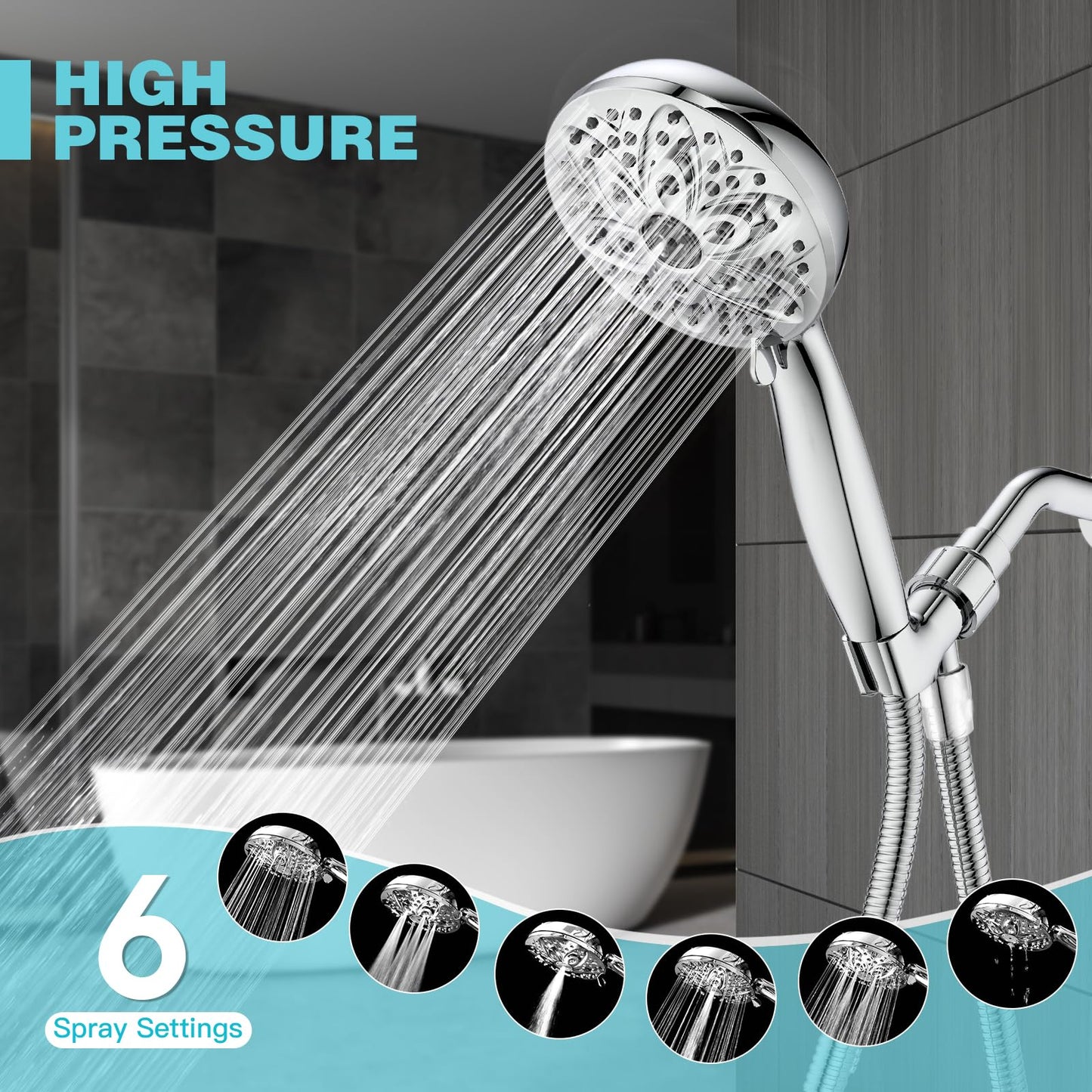 JDO 6-Setting High Pressure Handheld Shower Head – 4.7" Chrome Detachable Set with 59" Stainless Steel Hose & Adjustable Holder