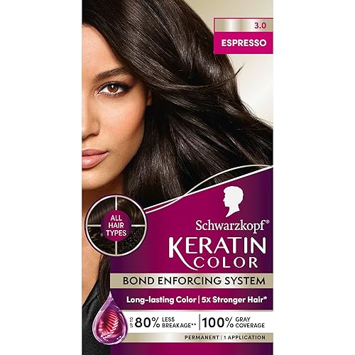 Schwarzkopf Keratin Permanent Hair Dye Cream, 3.0 Espresso, Professional Quality Color for Up to 100% Gray Coverage, Bond Enforcing System