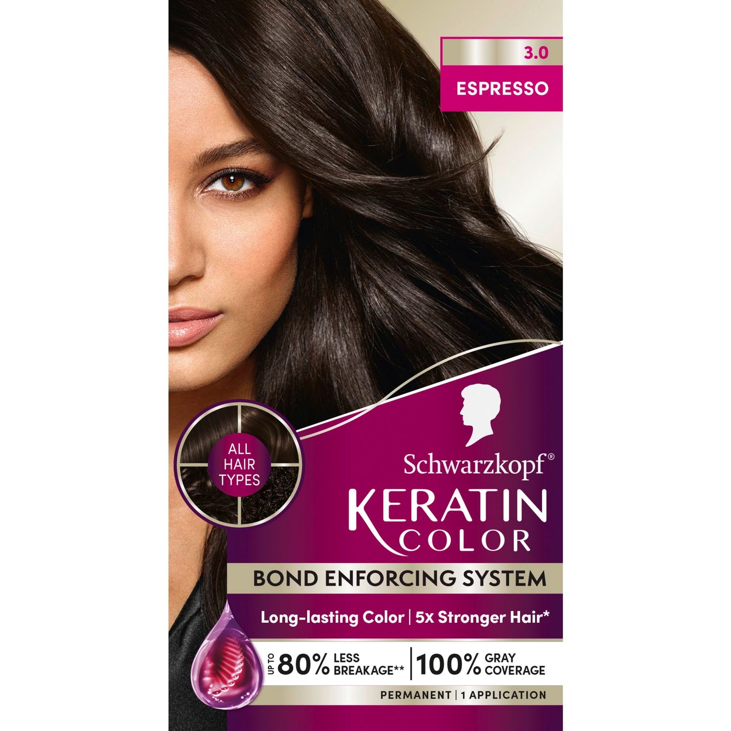 Schwarzkopf Keratin Permanent Hair Dye Cream, 3.0 Espresso, Professional Quality Color for Up to 100% Gray Coverage, Bond Enforcing System