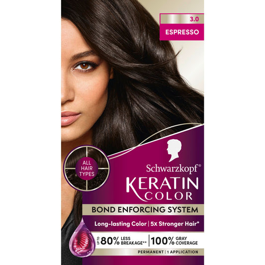 Schwarzkopf Keratin Permanent Hair Dye Cream, 3.0 Espresso, Professional Quality Color for Up to 100% Gray Coverage, Bond Enforcing System