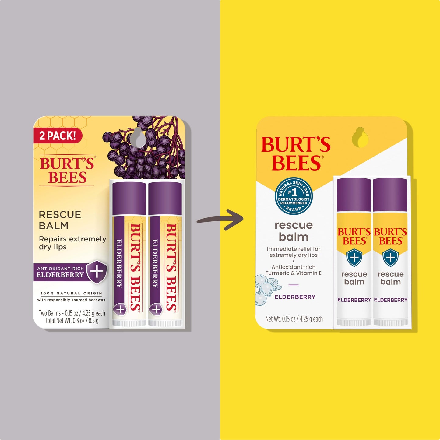 Burt's Bees Rescue Balm Elderberry Lip Balm, With Antioxidant-Rich Elderberry, Tint-Free, Natural Origin Lip Care, 2 Tubes, 0.15 oz.