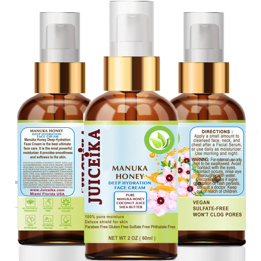 Juiceika MANUKA HONEY Deep Hydration Face Cream Face Moisturizer. Manuka Oil, Aloe Vera, Shea Butter, Coconut Oil, Jojoba Oil, Squalane, Hyaluronic