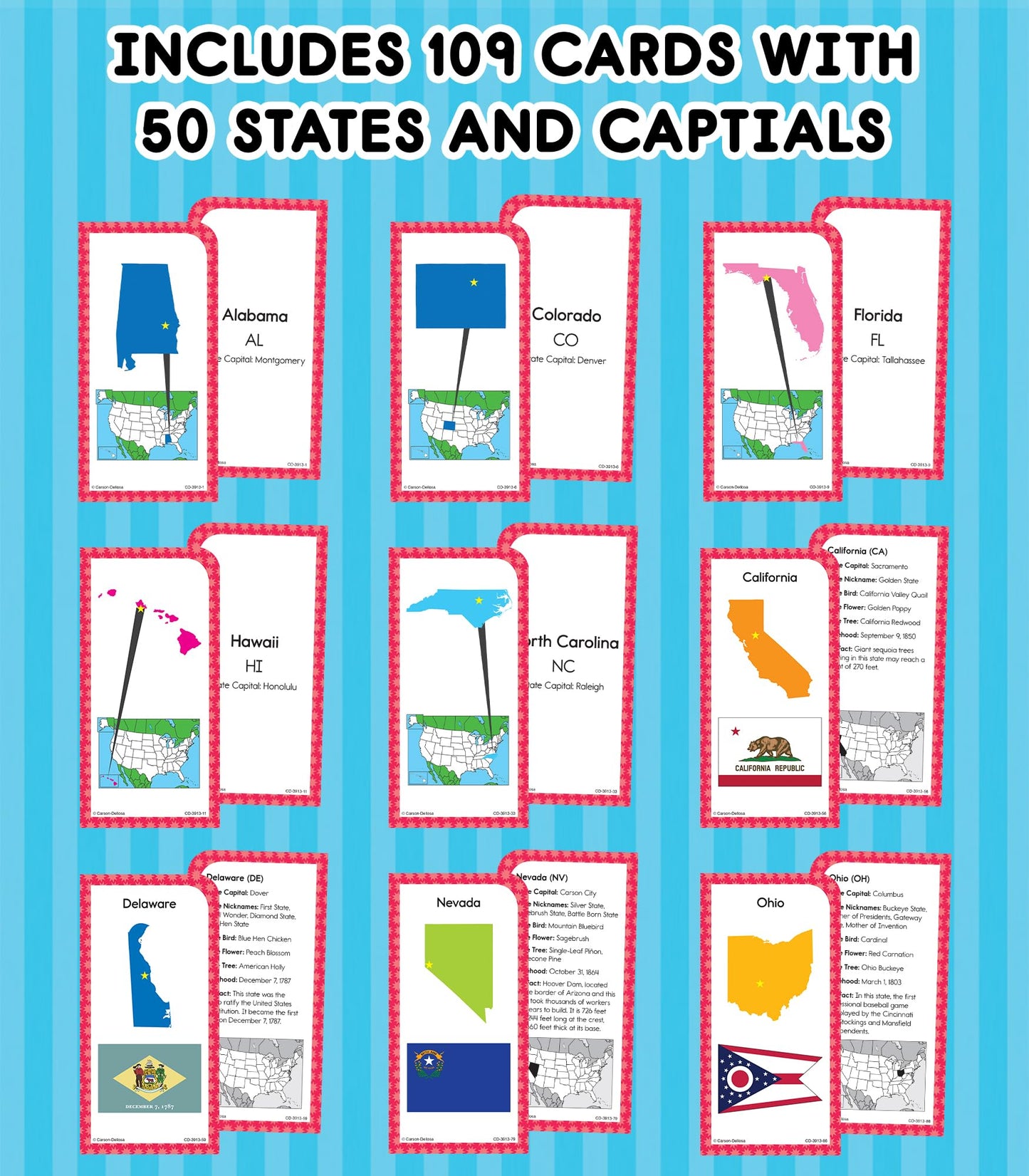 Carson Dellosa States and Capitals Flash Cards for Kids Ages 8+, Geography Flash Cards with US History, Fun Facts, Grade 3, Grade 4 and Grade 5