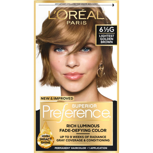 L'Oreal Paris Superior Preference Fade-Defying + Shine Permanent Hair Color, 6.5G Lightest Golden Brown, Pack of 1, Hair Dye