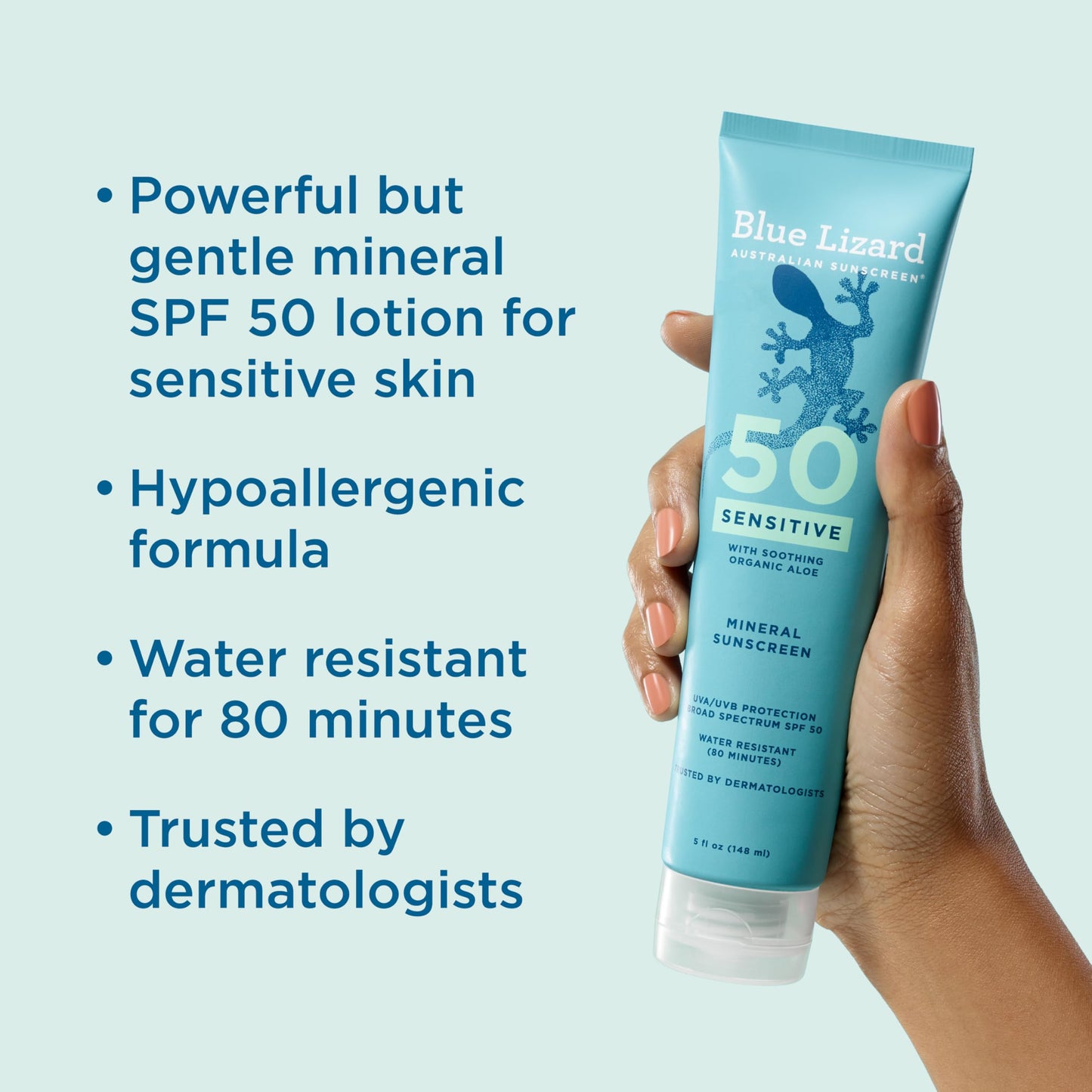 Blue Lizard Sensitive Mineral SPF 50 Sunscreen Lotion, 100% Mineral Sunscreen, UVA/UVB Protection, Infused with organic Aloe Vera, Soothes