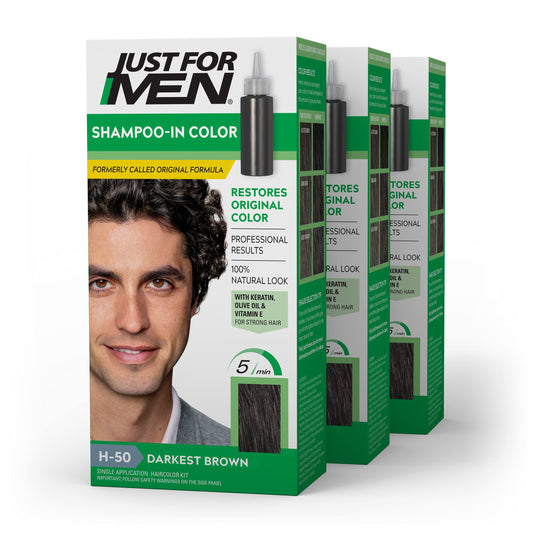 Just For Men Shampoo-In Color (Formerly Original Formula), Mens Hair Color with Keratin and Vitamin E for Stronger Hair - Darkest Brown, H-50, Pack