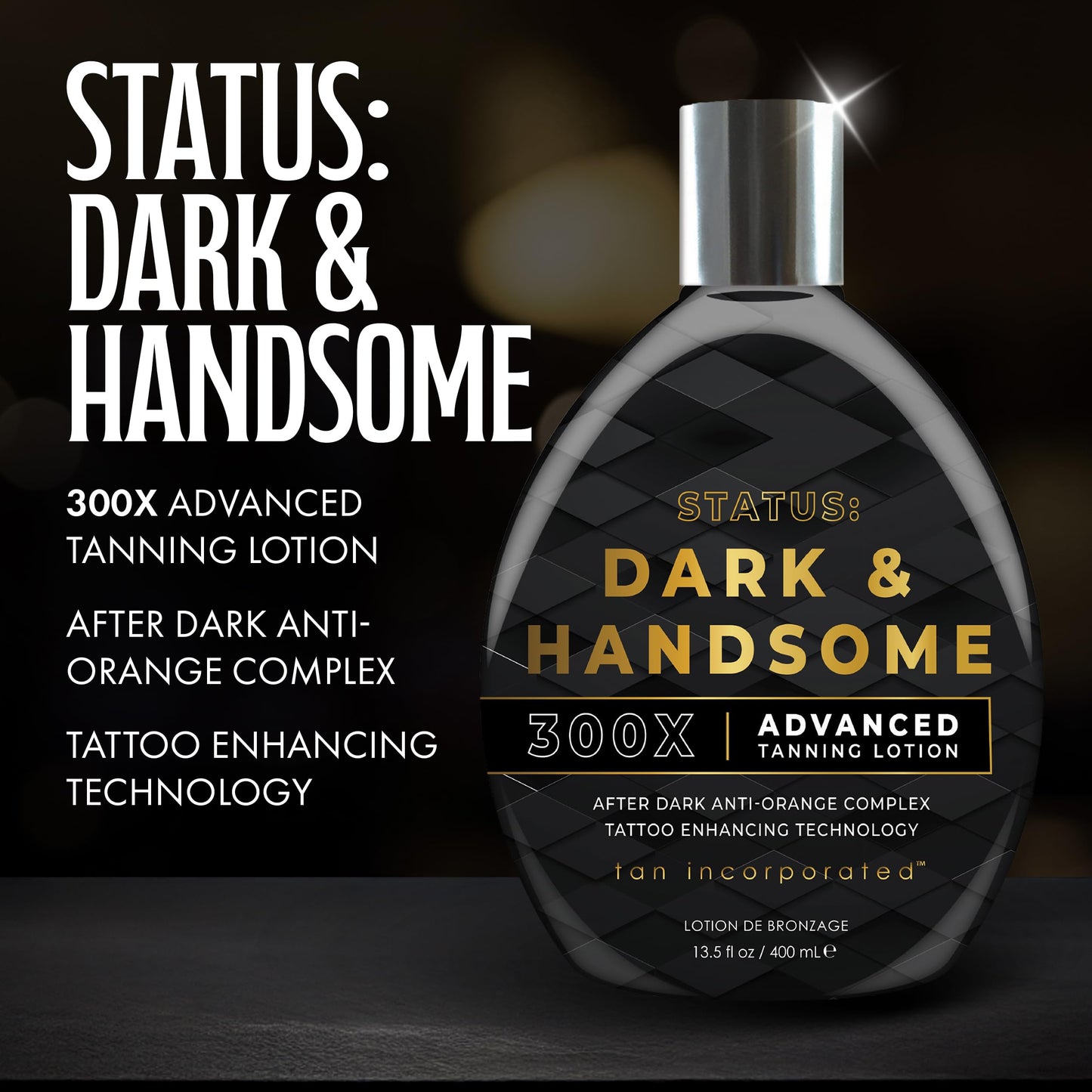 Tan Inc Status: Dark & Handsome Tanning Lotion, 300X Advanced Bronzing Formula with Anti-Orange Complex & Tattoo Enhancing Tech, 13.5 Fl Oz