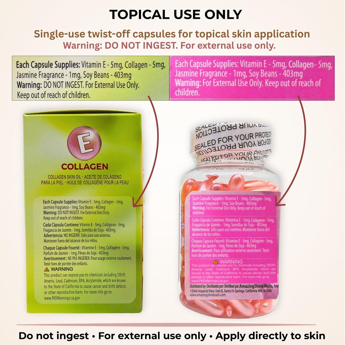Amazing Shine Collagen Skin Oil Capsules, Topical Use Only, Single Use Twist Off Capsules, External Skin Oil, 90 Capsules