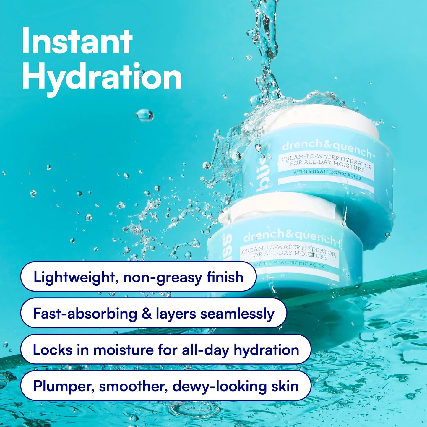 Bliss Drench & Quench Hyaluronic Acid Cream to Water Moisturizer | Lightweight Face Cream with 4 Types of Hyaluronic Acid for All Day Hydration