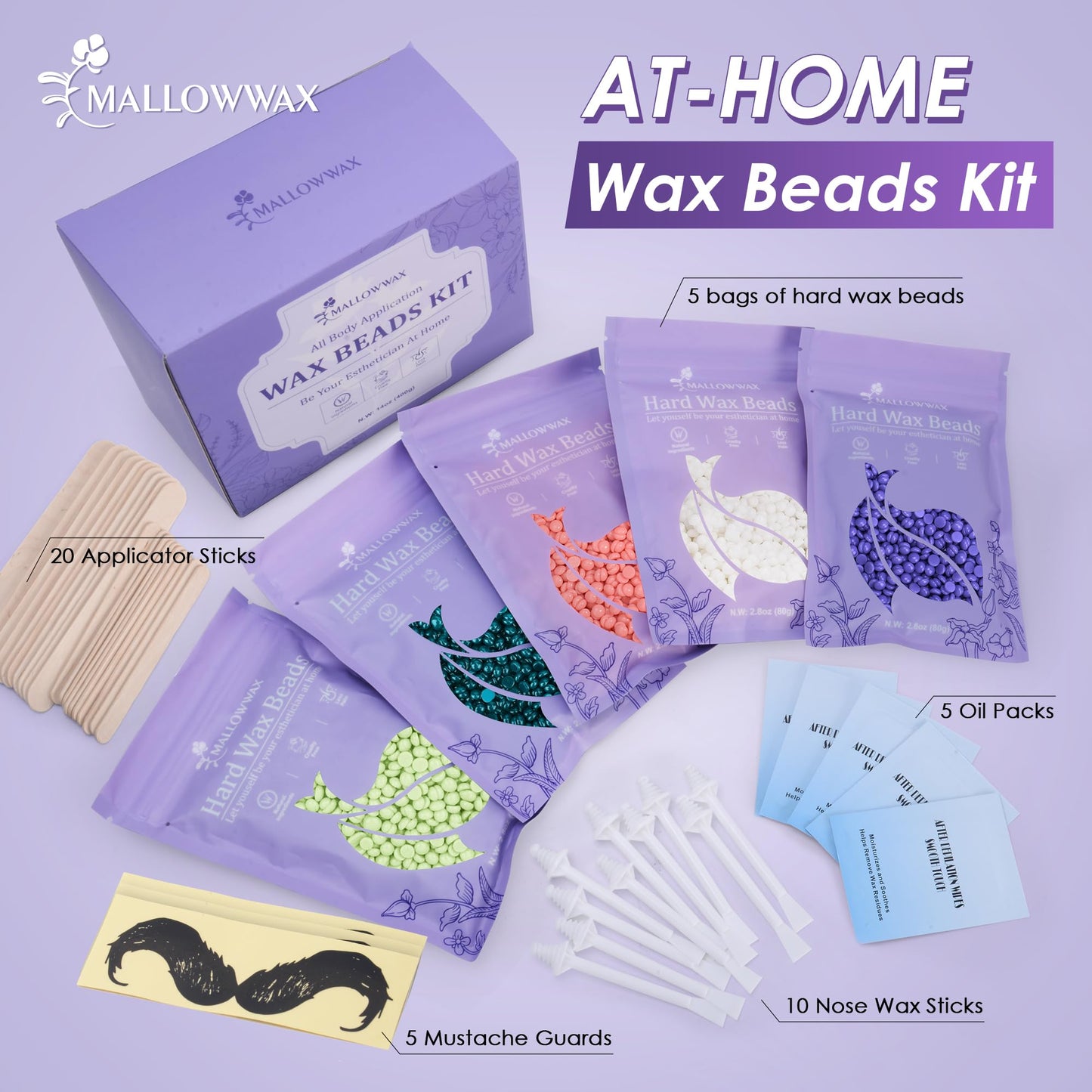 Mallowwax Wax Beads for Hair Removal -5 Pack Hard Wax for Sensitive Skin, Ideal for Bikini, Brazilian, Face, Eyebrow, Legs, Armpit, Full Body Beauty and Personal Care Mallowwax