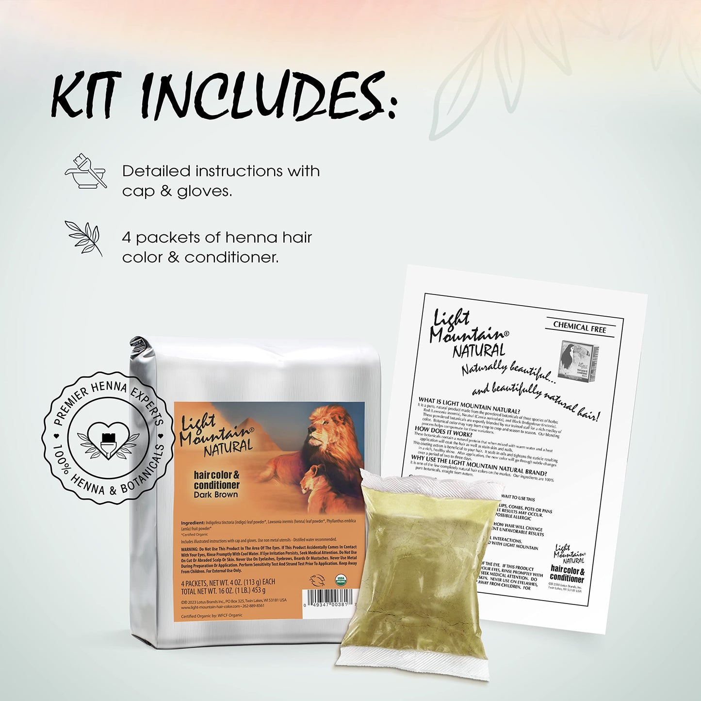 Light Mountain Henna Hair Color & Conditioner, Bulk 1 Pound - Dark Brown Hair Dye, Organic Henna Leaf Powder and Botanicals, Chemical-Free