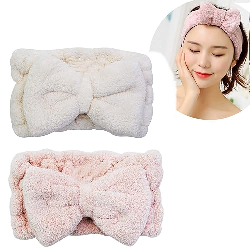 Chloven 2 Pack Microfiber Bowtie Headbands Facial Makeup Headband Cosmetic Bowknot Hairlace Wash Spa Yoga Sports Shower Adjustable Elastic Hair Band
