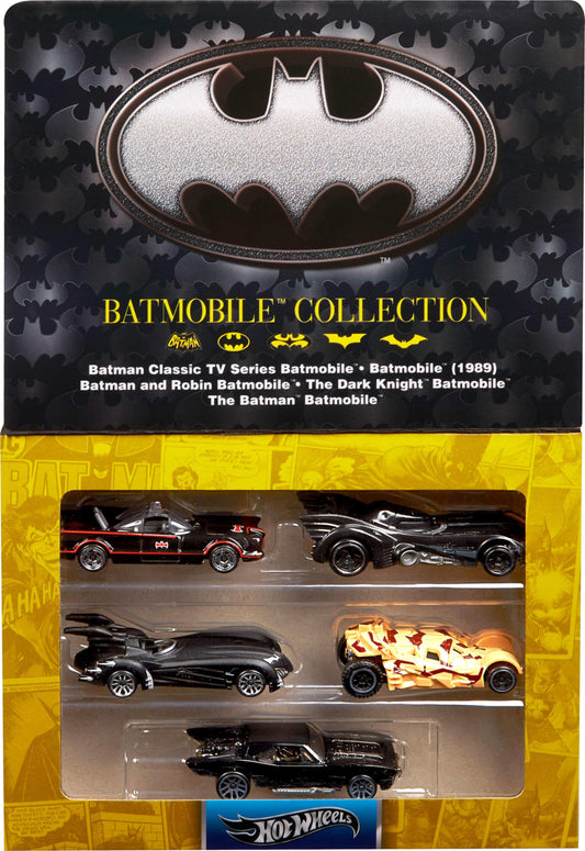 Hot Wheels 1:64 Scale Die-Cast Toy Cars, Set of 5 Batman 85th Anniversary Vehicles Featuring 5 Different Batmobile Replicas in Commemorative Packaging