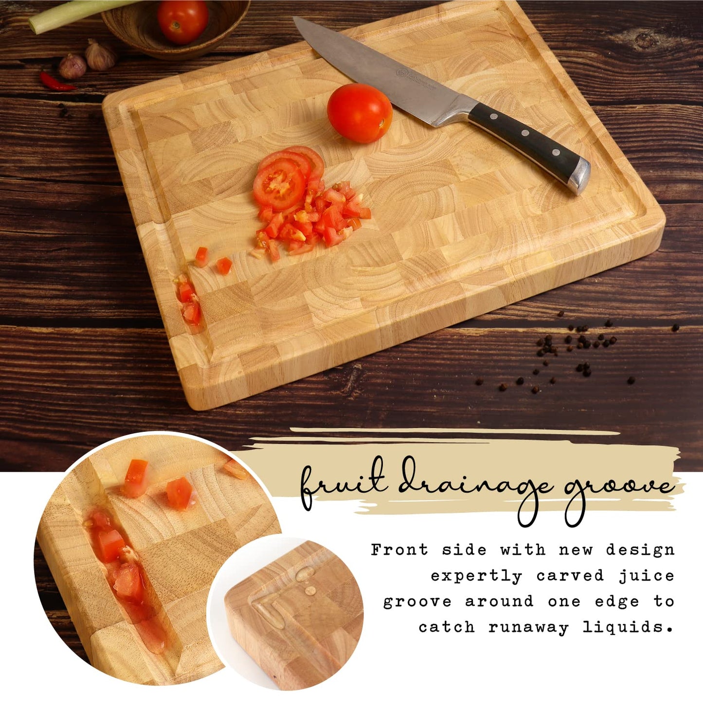 Wooden Butcher Block End Grain Cutting Board - 17x13x1.5in Reversible Multipurpose Chopping Board with Juice Groove, Cracker Holder & Inner Handles