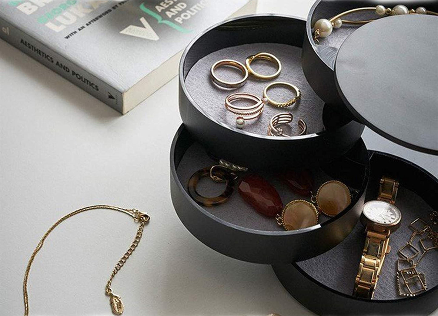 Maxbei Jewelry Organizer Case 360 Degree Round Rotating Jewelry Storage Box Necklace Bracelet Ring Earring Display Tray Holder