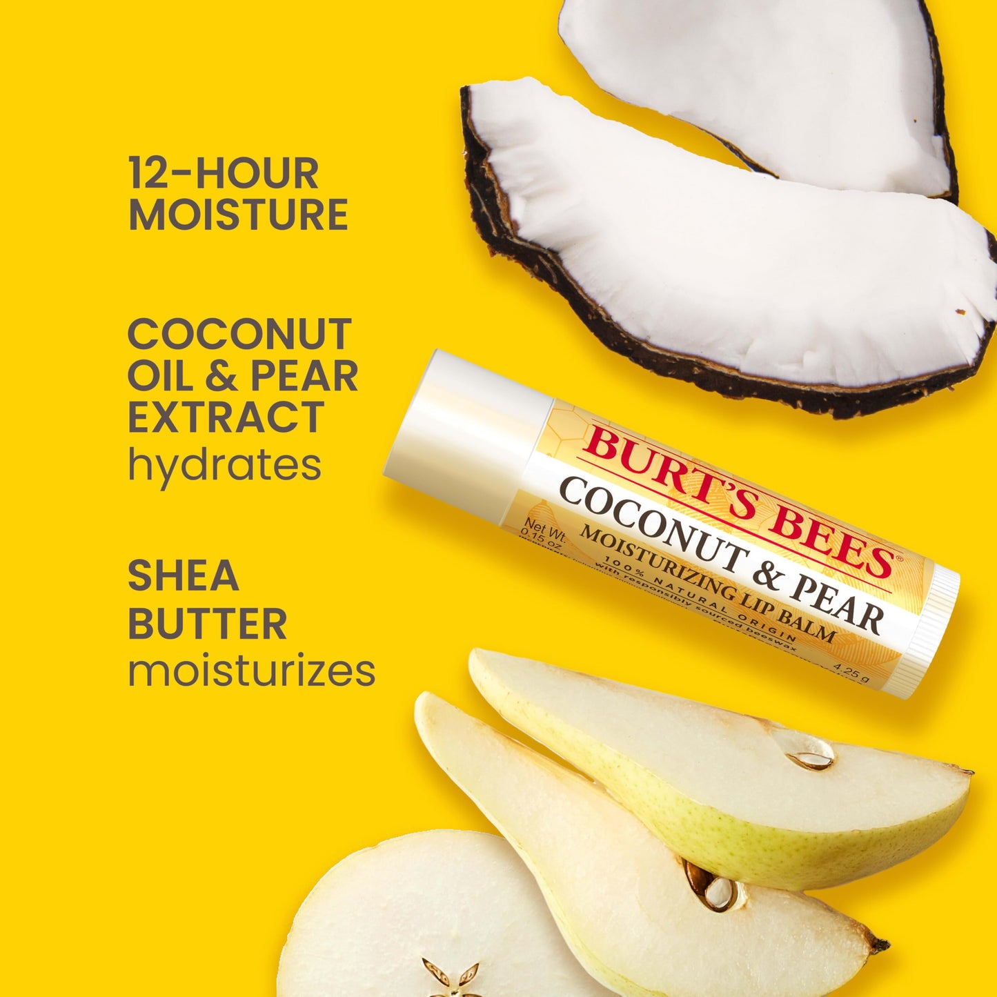 Burt's Bees Coconut and Pear Lip Balm, Lip Moisturizer With Responsibly Sourced Beeswax, Tint-Free, Natural Conditioning Lip Treatment, 1 Tube, 0.15