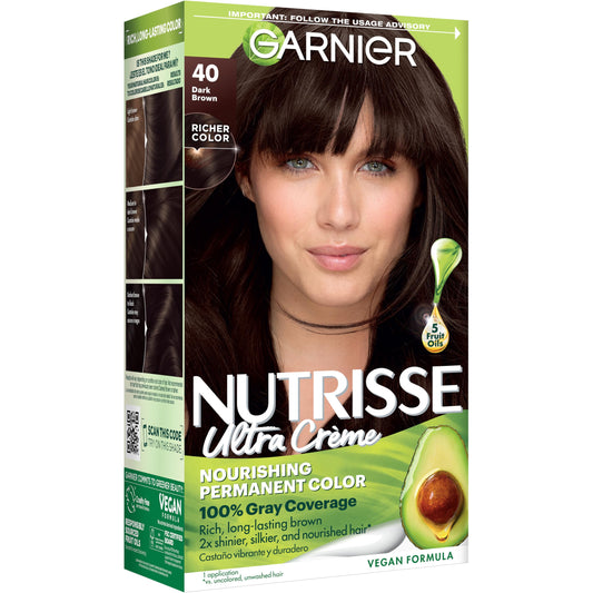 Garnier Nutrisse Ultra Crème Hair Color, Permanent Hair Dye with 100% Gray Coverage, Vegan & Cruelty-Free, 40 Dark Brown (Dark Chocolate), 1 Count Beauty & Personal Care Garnier