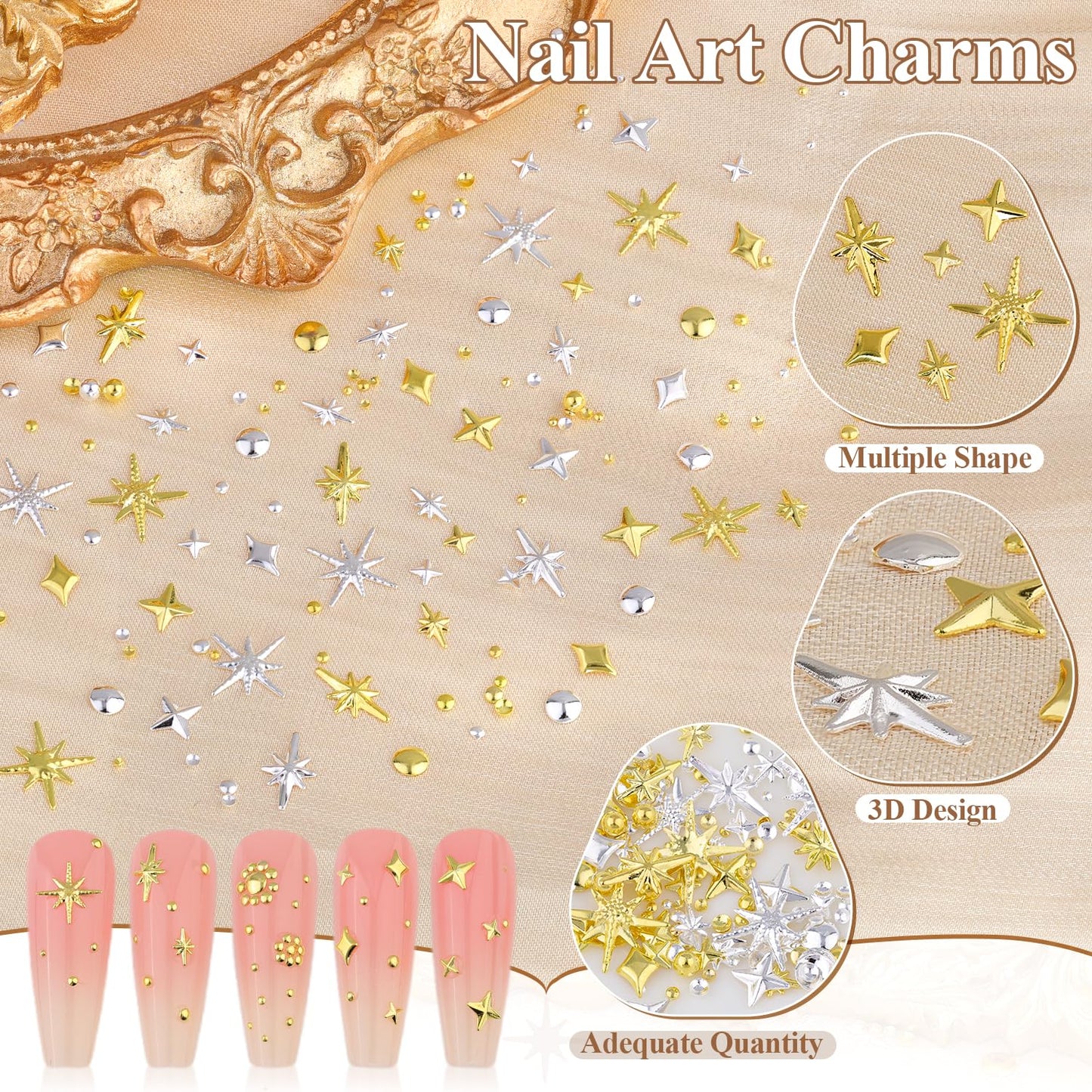 660Pcs 3D Star Nail Charms, Gold & Silver Multi-Shapes Metallic Nail Art Gems,Bedazzling Small Nail Beads Craft Jewels Y2K Cross Nail Rhinestones Beauty and Personal Care BELLEBOOST