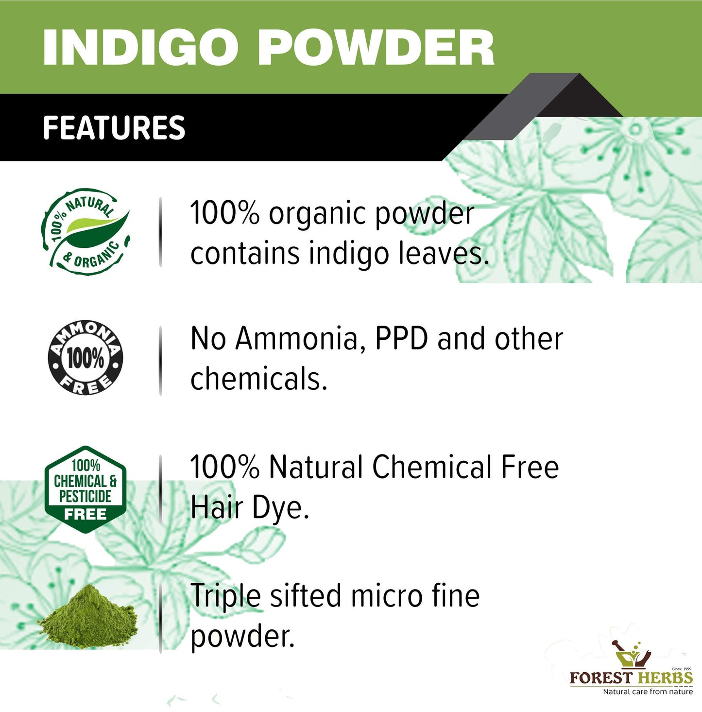 The Forest Herbs Natural Care From Nature Organic Indigo Powder for Hair Colour, 200g (Pack of 1)