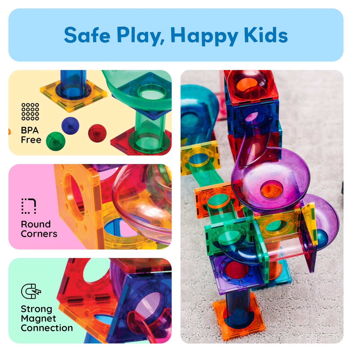 PicassoTiles 100pcs Magnetic Marble Run – STEM Construction Set with Tracks, Funnels, Curved Slopes & Steel Balls for Kids PTG100